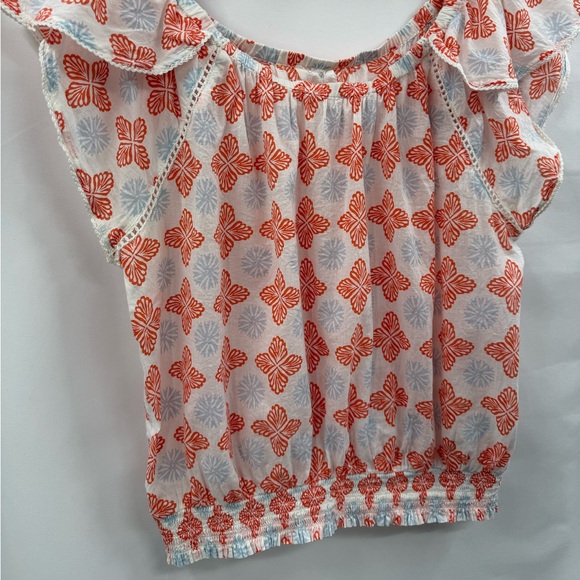 Sigrid Olsen Cotton Peasant Flutter Sleeve Printed Top | White/Orange/Blue | Med - Picture 4 of 7